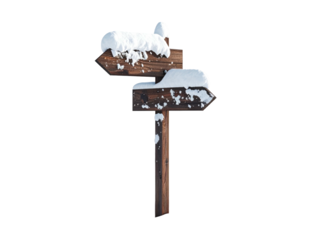 Wooden directional signpost with two arrows covered in snow.