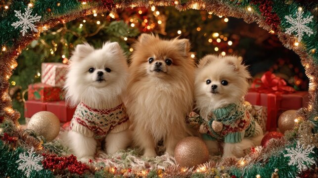 Three fluffy Pomeranian puppies are gathered in front of a Christmas tree, wearing sweaters, surrounded by festive decorations, celebrating the holiday season.