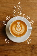 Top view of cappuccino cup with latte art and drawn steam lines creative warm coffee concept on wooden table minimalist morning style