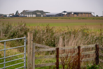 Wooden fence and metal gate with an arable farm in the background