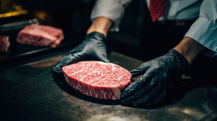A chef inspecting a high-quality steak before cooking it. The chef is wearing black gloves to maintain the food's quality