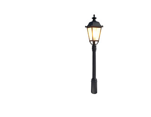 Classic illuminated outdoor street lamppost on a white background.