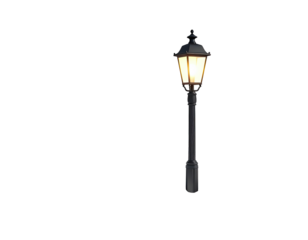 Classic illuminated outdoor street lamppost on a white background.