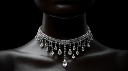 A stunning diamond necklace gracing a graceful neckline, exuding elegance and luxury. The necklace features a cascade of brilliant diamonds, each one reflecting light