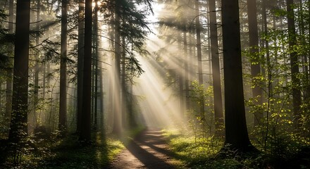 Fototapeta premium Sunlight streams through a misty forest, illuminating a pathway, creating a serene and tranquil scene.