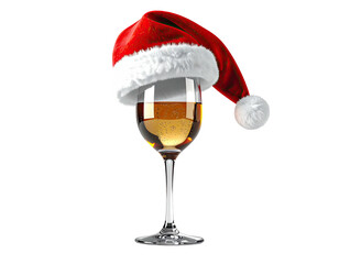 A festive glass of white wine wearing a red Santa hat for Christmas.