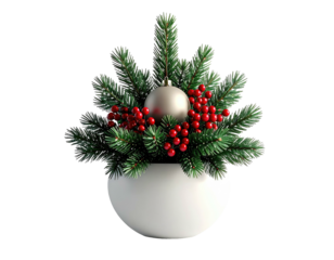 Elegant Christmas table centerpiece with fir branches and red berries.
