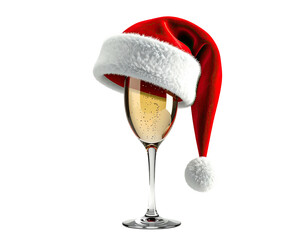 Glass of sparkling champagne wearing a festive red Santa hat.