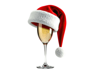 Glass of sparkling champagne wearing a festive red Santa hat.