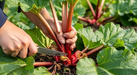 Harvesting Red Rhubarb Stems.