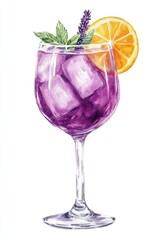 Lavender spritz watercolor drink illustration with purple cocktail ice glass citrus slice mint herb summer freshness beverage art concept