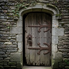Ancient Wooden Doorway in Stone Wall.
