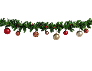 Decorative green Christmas garland with festive baubles isolated on white.