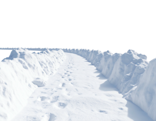 A desolate pathway carved through a vast expanse of pristine snow.
