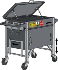 Industrial Parts Washer with Open Lid and Safety Signs.