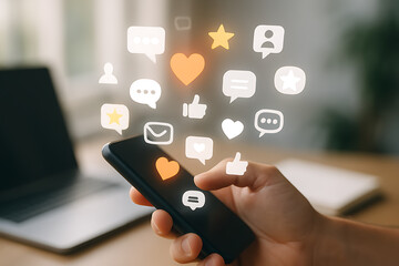Hand holding smartphone with glowing floating social media icons representing likes comments followers communication and digital interaction