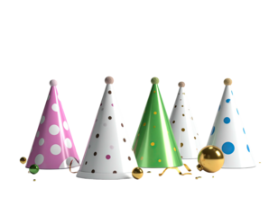 A festive collection of colorful cone shaped party hats with polka dots.