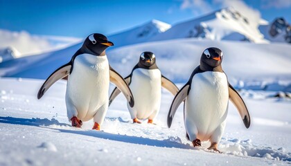 Fototapeta premium Gentoo Penguins Marching Across Snowy Antarctica Landscape.