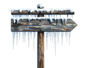 Old wooden arrow sign covered with snow and icicles isolated on white.