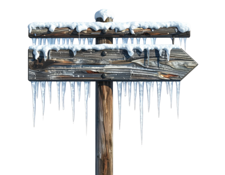 Old wooden arrow sign covered with snow and icicles isolated on white.