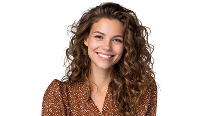 portrait of a smiling woman with brown curly hair, wearing a casual blouse, isolated on a transparent background