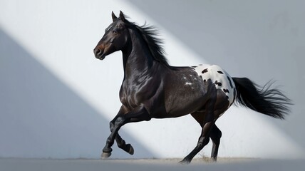 Majestic horse galloping with powerful grace in sunlight, showcasing freedom and beauty in motion for equestrian enthusiasts and animal lovers