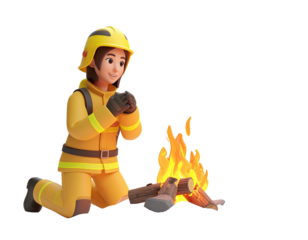 3D render of a female firefighter character warming her hands by a campfire.