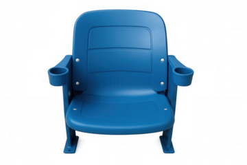 Empty blue stadium seating with armrests and cup holders, ready for events on transparent background