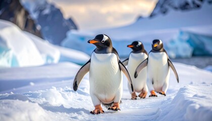 Fototapeta premium Three Gentoo Penguins Walking in a Snowy Antarctic Landscape.