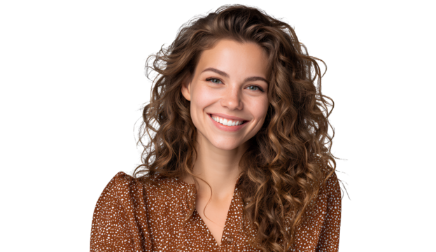 portrait of a smiling woman with brown curly hair, wearing a casual blouse, isolated on a transparent background