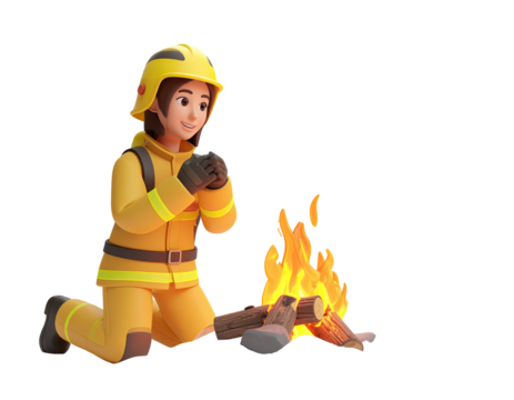3D render of a female firefighter character warming her hands by a campfire.