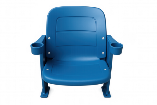 Empty blue stadium seating with armrests and cup holders, ready for events on transparent background