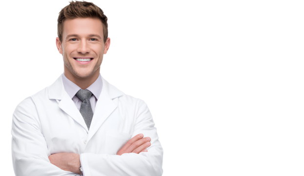 smiling male doctor in a white coat, isolated on a transparent background