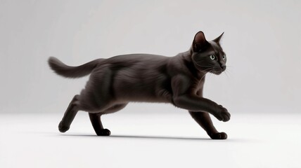Elegant black cat gracefully stalking prey on clean white backdrop, showcasing sleek fur and intense gaze, ideal for pet product ads and animal lovers