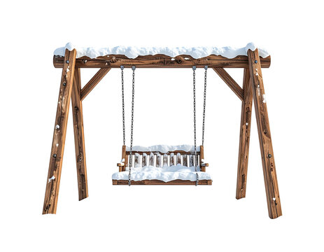 Rustic wooden garden swing covered in fresh snow isolated on a white background. - Powered by Adobe