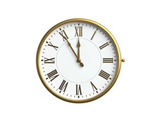Elegant gold wall clock with Roman numerals showing the time.