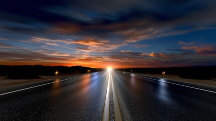 Long road stretching towards sunset with vibrant sky and clouds  