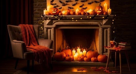 Cozy Halloween Fireplace Pumpkins, Candles, and Autumn Ambiance for the Holiday Season