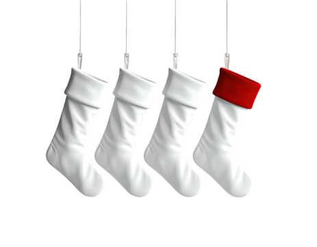 Four white Christmas stockings hanging with one red cuff.