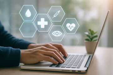Laptop user interacting with holographic medical health icons representing modern digital healthcare online consultation and innovation system