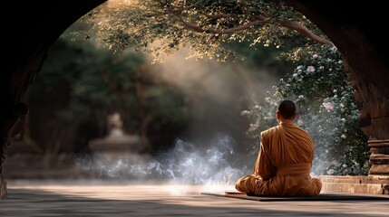 Obraz premium Buddhist monk meditating in serene temple garden with soft light 