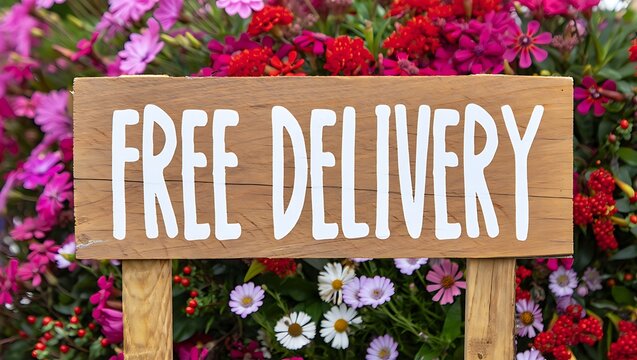 Free Delivery wooden sign amidst vibrant colorful flowers springtime promotion