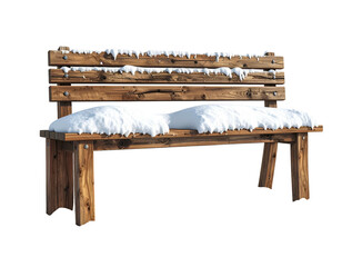 Rustic wooden park bench covered with fresh white snow and icicles.