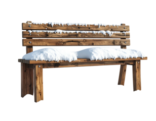 Rustic wooden park bench covered with fresh white snow and icicles.