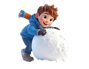 Cheerful cartoon boy in a blue winter jacket rolling a giant snowball.