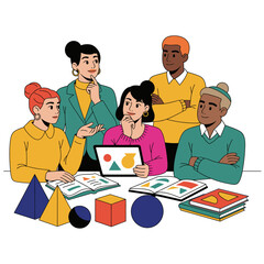 Diverse team collaboratively brainstorming ideas with geometric shapes and colorful books, sparking creativity and innovation in a modern learning environment
