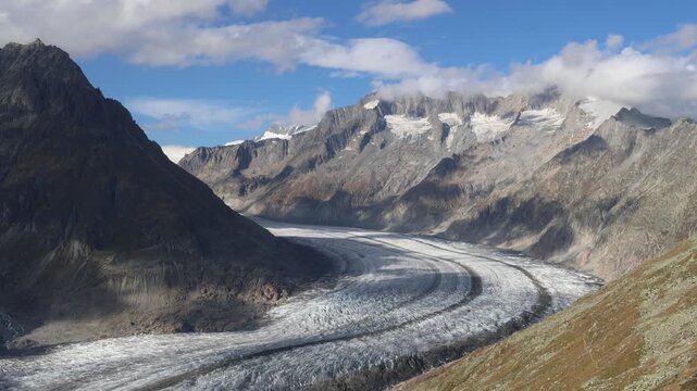Aletsch glacier in Swiss mountains, largest glacier in Europe
