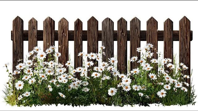 Rustic wooden fence adorned with a profusion of white daisies, creating a serene and pastoral scene.