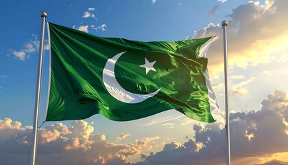 A vibrant shot features a green flag with a white crescent and star waving in a gentle breeze against a sky filled with clouds