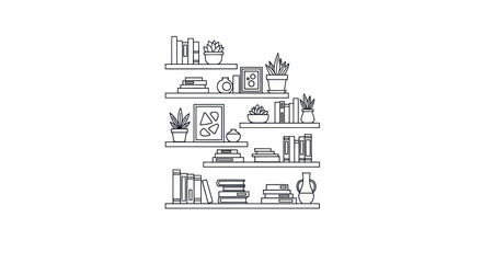 Obraz premium Bookshelves with Books Plants and Decorative Items Line Art.